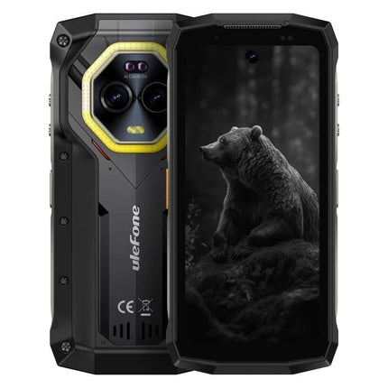 Ulefone Rugged Phone for Everyday Outdoor and Travel Use showing front screen with bear wallpaper and durable black textured back