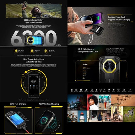 Ulefone Rugged Phone for Everyday Outdoor and Travel Use showcasing 6200mAh battery, 50MP camera, fast and wireless charging