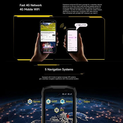 Ulefone Rugged Phone for Everyday Outdoor and Travel Use showing 4G mobile WiFi, navigation systems and hands holding devices