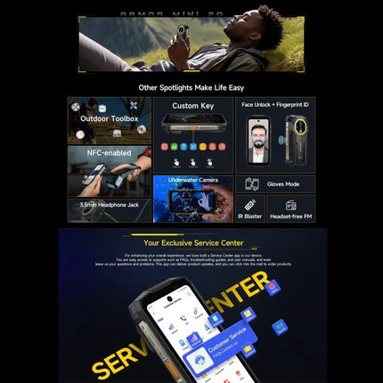 Ulefone Rugged Phone for Everyday Outdoor and Travel Use displayed with outdoor features, long battery, underwater camera and service center