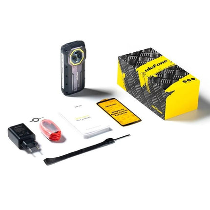 Ulefone Rugged Phone for Everyday Outdoor and Travel Use unboxed with accessories, charger, cable, manual and yellow packaging
