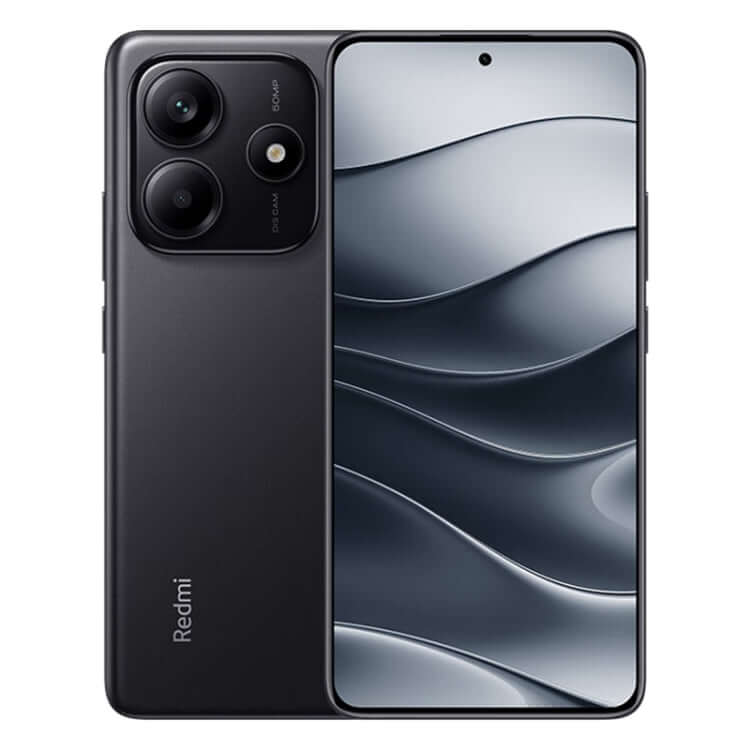 Xiaomi Redmi Note 14 5G smartphone in black, featuring dual rear cameras and a sleek OLED display.