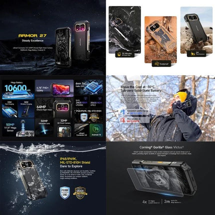 Ulefone Rugged Phone for Everyday Tough Situations showing waterproof, drop-proof design, 10600mAh battery and rugged features