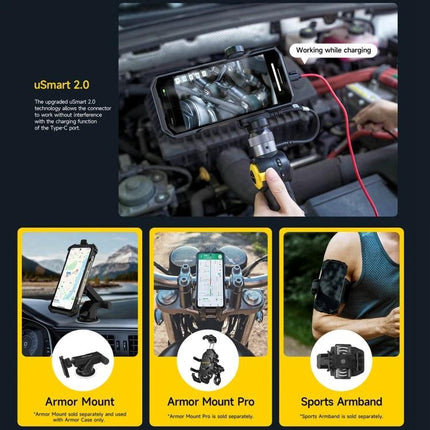 Ulefone Rugged Phone for Everyday Tough Situations mounted in vehicle, bike, and armband showing charging and long battery use