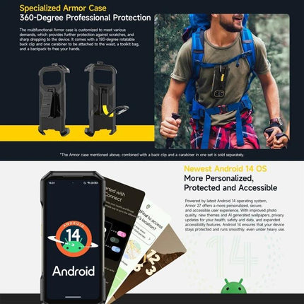 Ulefone Rugged Phone for Everyday Tough Situations showing armor case, hiking use, 10600mAh battery and Android 14 features