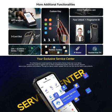 Ulefone Rugged Phone for Everyday Tough Situations showing NFC, custom key, face unlock, 3‑card slot, 10600mAh battery and service center features