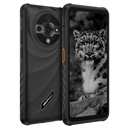 Dependable Ulefone Rugged Phone for Everyday Outdoor Tasks - black rugged Ulefone shown front with snow leopard wallpaper and rear camera module