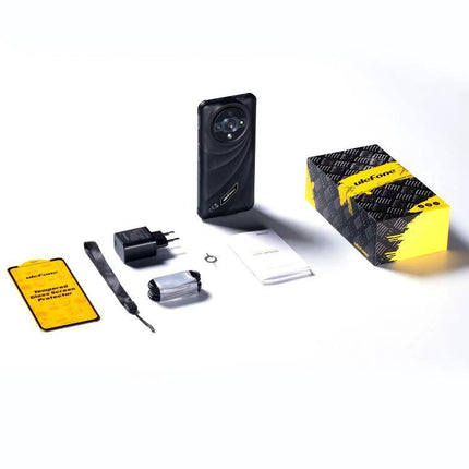Dependable Ulefone Rugged Phone for Everyday Outdoor Tasks - black rugged phone with charger, strap, accessories and yellow packaging