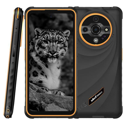 Dependable Ulefone Rugged Phone for Everyday Outdoor Tasks showing black-orange rugged model with large rear camera and screen displaying snow leopard