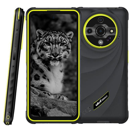 Dependable Ulefone Rugged Phone for Everyday Outdoor Tasks - rugged black and yellow Ulefone with snow leopard wallpaper