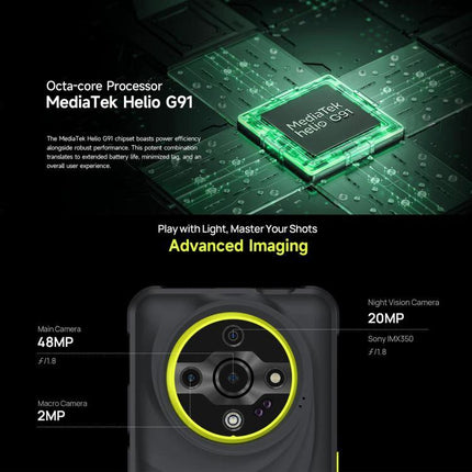 Dependable Ulefone Rugged Phone for Everyday Outdoor Tasks showing MediaTek Helio G91 chipset and 48MP main, 20MP night vision, 2MP macro cameras