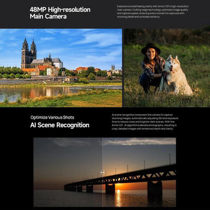 Dependable Ulefone Rugged Phone for Everyday Outdoor Tasks showcasing 48MP camera, AI scene recognition, landscape and pet photo examples