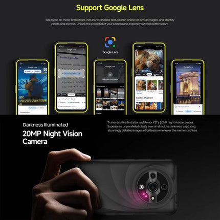 Dependable Ulefone Rugged Phone for Everyday Outdoor Tasks showing Google Lens support and 20MP night vision camera