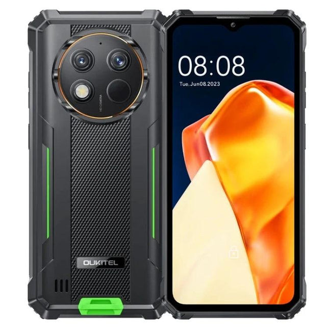 Oukitel Rugged Phone for Daily Outdoor and Travel Activities showing front screen and rugged rear with large battery and reinforced corners