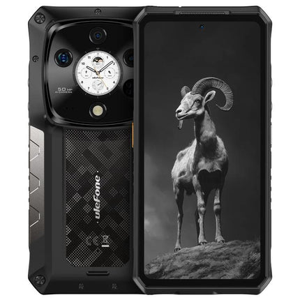 Ulefone Rugged Phone for Daily Outdoor and Work Use — black rugged smartphone showing rear camera array and front screen with mountain goat image