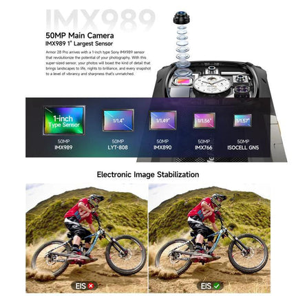 Ulefone Rugged Phone for Daily Outdoor and Work Use showing 50MP IMX989 sensor and EIS image stabilization for cycling and low-light photography