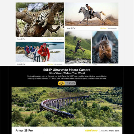 Ulefone Rugged Phone for Daily Outdoor and Work Use showcasing 50MP ultra-wide macro camera and rugged outdoor photos