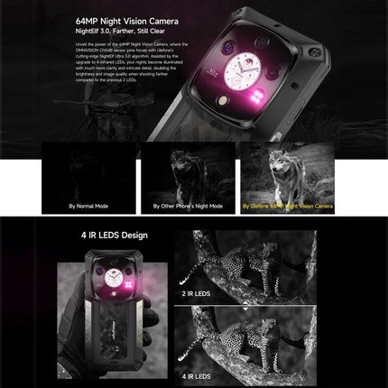 Ulefone Rugged Phone for Daily Outdoor and Work Use showing 64MP night vision camera with 4 IR LEDs and low-light wildlife photos