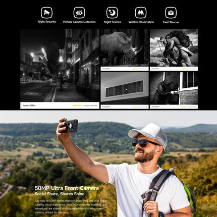 Ulefone Rugged Phone for Daily Outdoor and Work Use showing hiker taking selfie with 50MP front camera in rugged landscape