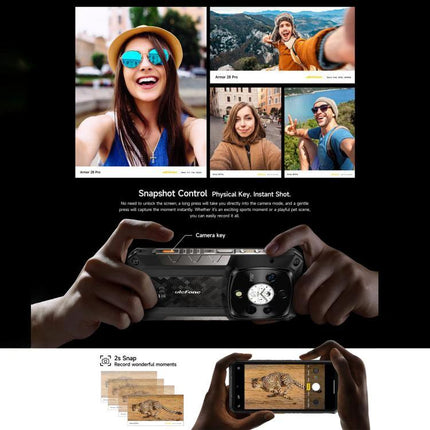 Ulefone Rugged Phone for Daily Outdoor and Work Use - hands holding phone capturing outdoor selfies and landscape photos, rugged camera key for quick snapshots