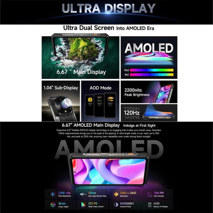 Ulefone Rugged Phone for Daily Outdoor and Work Use with 6.67" AMOLED main display and 1.04" sub-display showing AOD and 120Hz features
