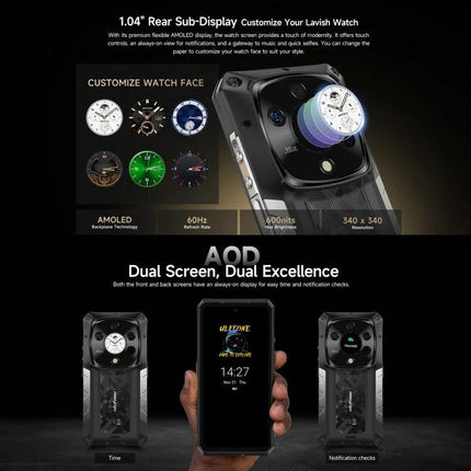 Ulefone Rugged Phone for Daily Outdoor and Work Use showing dual-screen rear sub-display and customizable watch face, durable design for outdoor workers