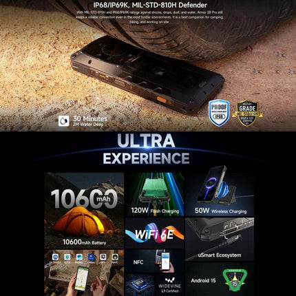 Ulefone Rugged Phone for Daily Outdoor and Work Use shown under a tire demonstrating durability with 10600mAh battery, 120W wired and 50W wireless charging