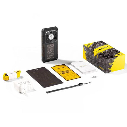 Ulefone Rugged Phone for Daily Outdoor and Work Use showing phone, charger, cable, manuals and packaging