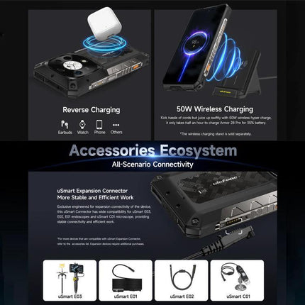 Ulefone Rugged Phone for Daily Outdoor and Work Use showing reverse charging, 50W wireless charging and accessories ecosystem