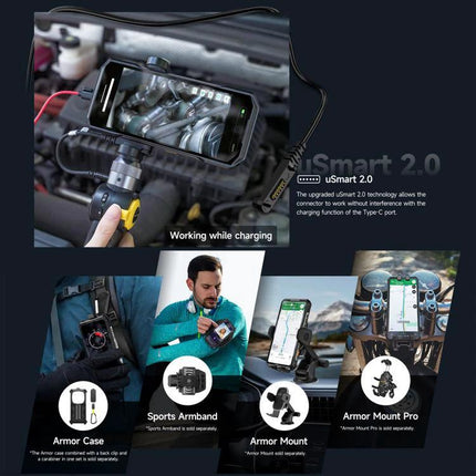 Ulefone Rugged Phone for Daily Outdoor and Work Use showing mechanics inspection, charging and mounts