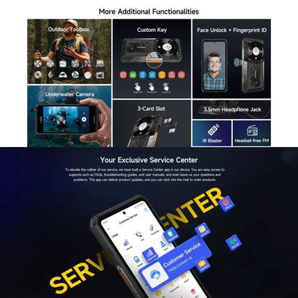 Ulefone Rugged Phone for Daily Outdoor and Work Use showing rugged features like underwater camera, face unlock, 3-card slot and service center app