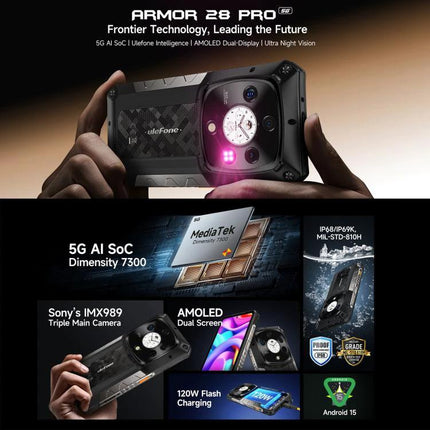 Ulefone Rugged Phone for Daily Outdoor and Work Use showing Armor 28 Pro features like 5G Dimensity 7300, Sony IMX989 camera, AMOLED dual screen, 120W charging