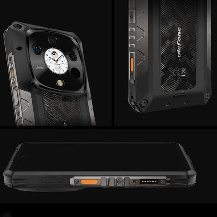Ulefone Rugged Phone for Daily Outdoor and Work Use shown in black rugged casing with camera module and side port close-ups