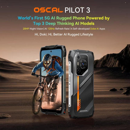 Rugged Blackview Phone for Outdoor and Daily Tasks shown with cyclist on desert terrain and dual-view rugged phone display