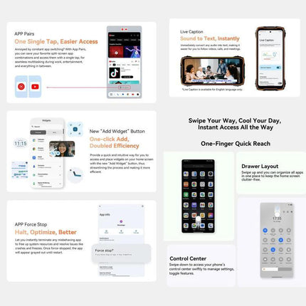 Rugged Blackview Phone for Outdoor and Daily Tasks showing app pairs, live caption, widgets, drawer layout, and control center features