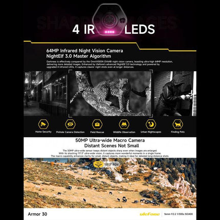 Ulefone Rugged Phone For Everyday Outdoor Activities with 4 IR LEDs, 64MP infrared night vision camera and 50MP ultra-wide macro for outdoor use