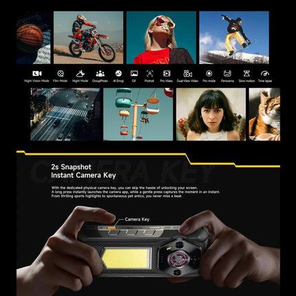 Ulefone Rugged Phone For Everyday Outdoor Activities shown with camera key, 2s snapshot feature and outdoor action photos