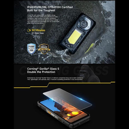 Ulefone Rugged Phone For Everyday Outdoor Activities showing waterproof, drop-proof design with 12800mAh battery and Gorilla Glass 5 protection
