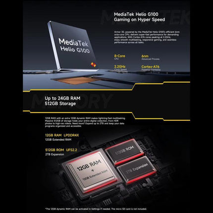 Ulefone Rugged Phone For Everyday Outdoor Activities showing MediaTek Helio G100 specs, 12GB–24GB RAM and 512GB storage options