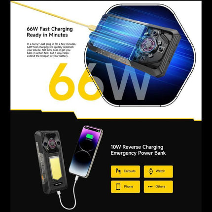 Ulefone Rugged Phone For Everyday Outdoor Activities showing 66W fast charging and 10W reverse charging power bank features