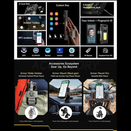 Ulefone Rugged Phone For Everyday Outdoor Activities showing features like NFC, GPS, face unlock, 12800mAh battery, and accessory mounts