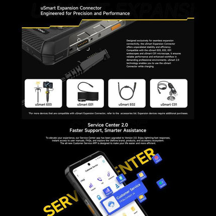 Ulefone Rugged Phone For Everyday Outdoor Activities showing expansion connector, accessories, and Service Center 2.0 app with 12800mAh battery