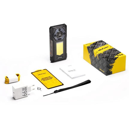 Ulefone Rugged Phone For Everyday Outdoor Activities unboxed with accessories, 12800mAh battery, charger, USB cable, strap and retail box