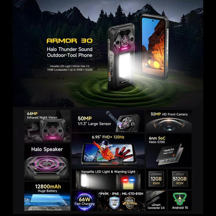 Ulefone Rugged Phone For Everyday Outdoor Activities rugged Armor 30 with 12800mAh battery, LED light, 64MP night vision and durable waterproof design