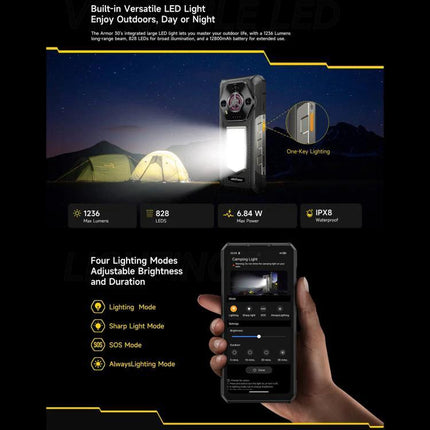 Ulefone Rugged Phone For Everyday Outdoor Activities shown with built-in LED light, camping tents, IPX8 waterproof and adjustable lighting modes