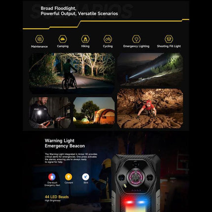 Ulefone Rugged Phone For Everyday Outdoor Activities showing rugged phone used for hiking, camping, emergency lighting, and long battery life