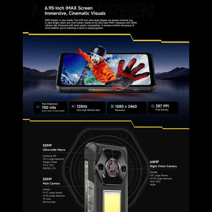 Ulefone Rugged Phone For Everyday Outdoor Activities showing 6.95-inch IMAX screen, 120Hz, 1080x2460 display and rugged rear cameras