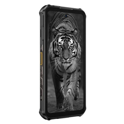 Ulefone Rugged Phone for Everyday Outdoor and Work Use black rugged handset showing tiger wallpaper, durable build and long‑life 10360mAh battery