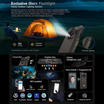 Ulefone Rugged Phone for Everyday Outdoor and Work Use with 10360mAh battery, exclusive glare flashlight, rugged build for camping and construction