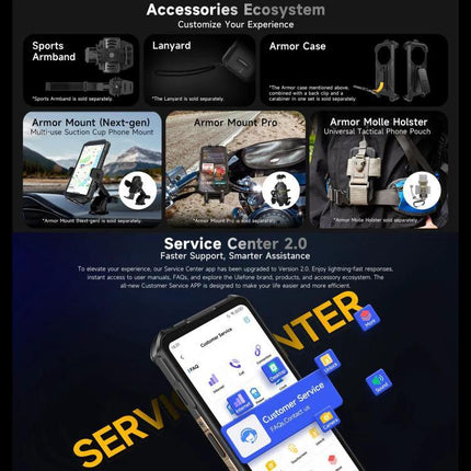 Ulefone Rugged Phone for Everyday Outdoor and Work Use accessories ecosystem showing armor case mounts lanyard and service center app